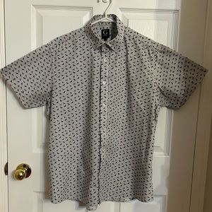 Bird print w vertical blue stripes. 
Like new condition. From Tip Top.